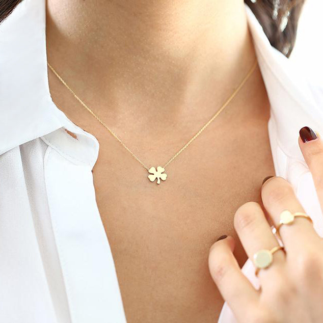 Four Leaf Clover Necklace 14k Solid Gold Mini Pendant - J F W