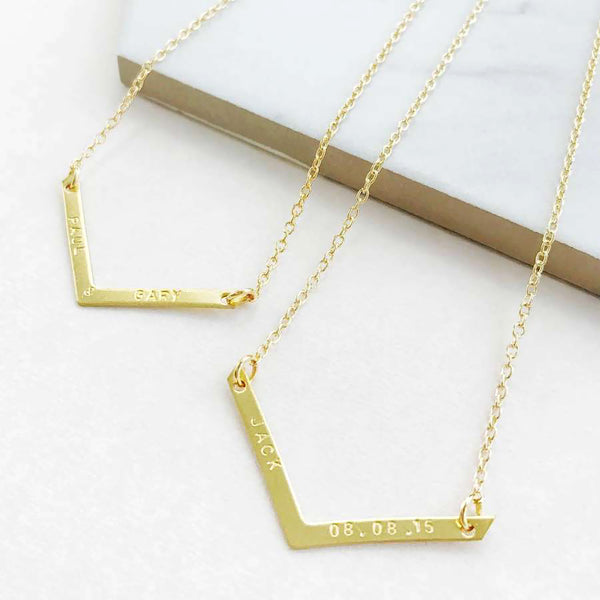 V Bar with Chain 18K Gold Plated Engraved Chevron - J F W
