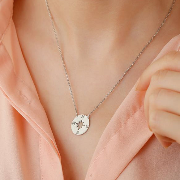 Sterling Silver Dainty Necklace with Compass Charm - J F W