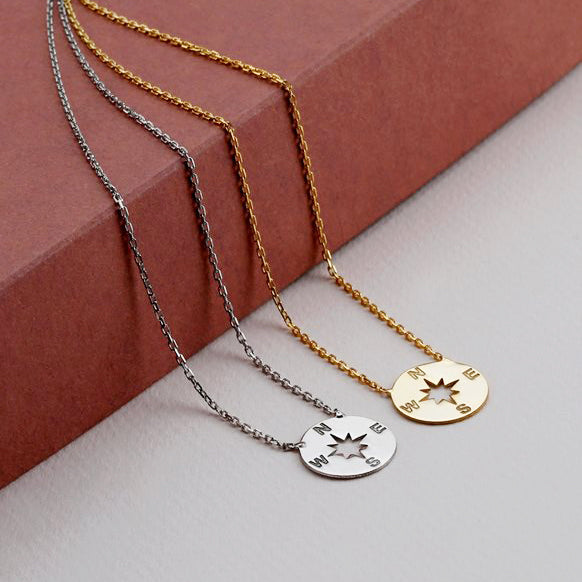 Sterling Silver Dainty Necklace with Compass Charm - J F W
