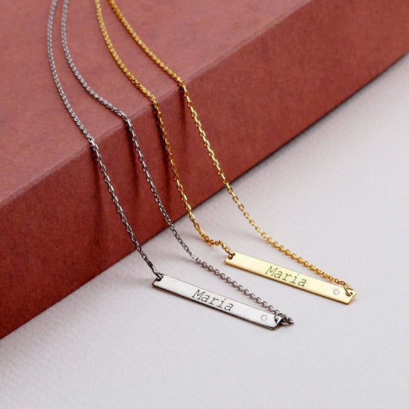 Engraved Bar Necklace with Natural DIAMOND - J F W