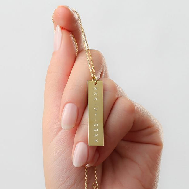 Date Bar with Roman Numerals Gold Finish Necklace - J F W